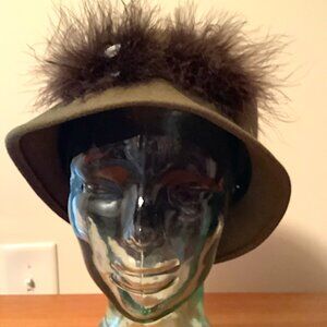 Raffaello Bettini Olive Green Cloche Hat 100% Wool. Feathery detail on top.